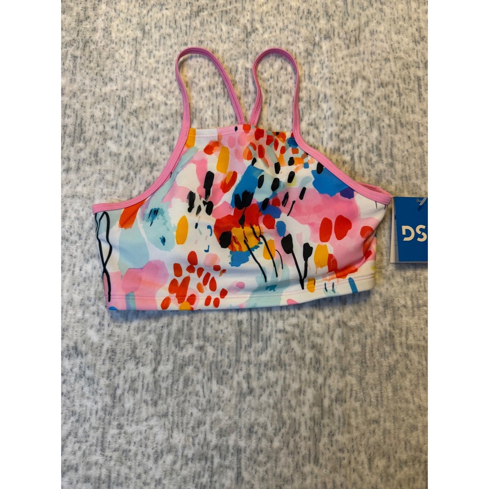 DSG Kids Girls Swim Top Colorful Abstract Print‎ Pink Straps Halter Size L NWT